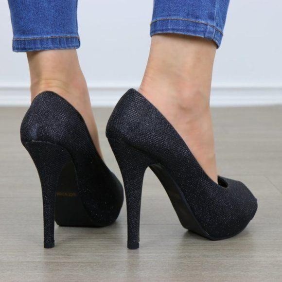 Peep Toe Platform Stiletto Glittery Fabric Heels - Picture 4 of 12